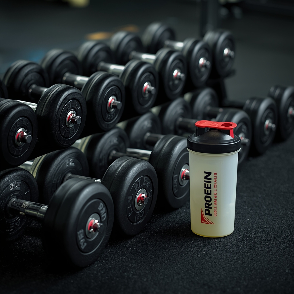 Organized set of dumbbell weights and a protein shaker on a dark gym floor, masculine fitness concept